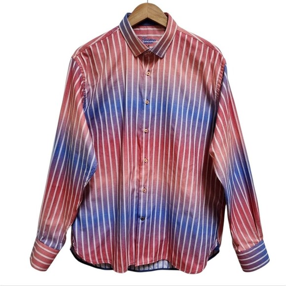 Luchiano Visconti Shirt Mens XL Blue Red Striped Cotton Modal Button Flip Cuff - Picture 2 of 16